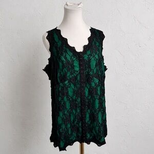 Vintage Emerald Lace Tank Top Black Overlay Y2K Whimsigoth Camisole 2X